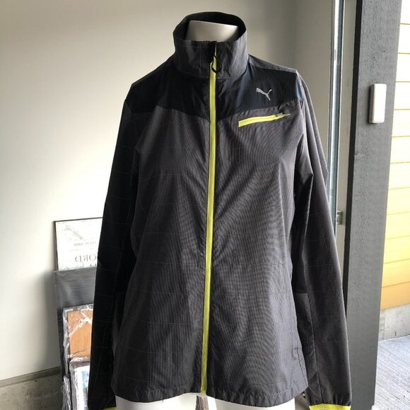 Puma Sport Lifestyle Athletic Full Zip Check Windbreaker Jacket Gry Blk Sz M - Picture 1 of 10